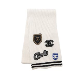 Chanel 24B Cashmere Knitted Badge Scarf White 180Cm