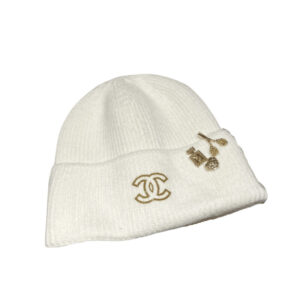 Chanel Gold CC Wool Beanie White