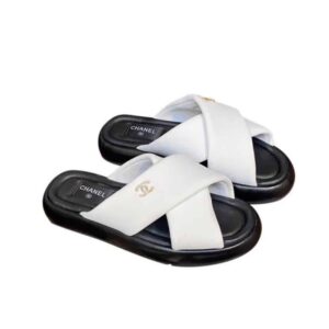Chanel CC Logo Criss Cross Slides White